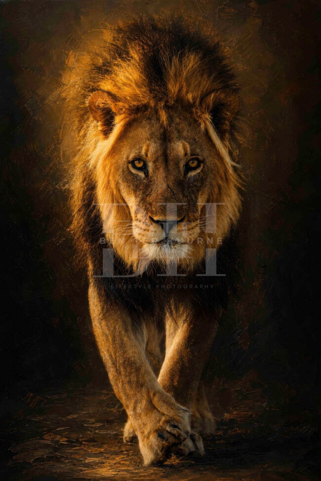 Kgalagadi, big male lion with huge manes coming from waterhole (aluminium).jpg