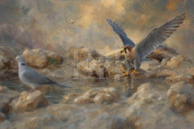 Kgalagadi, falcon with streched wings at the waterhole with dove on the side.jpg