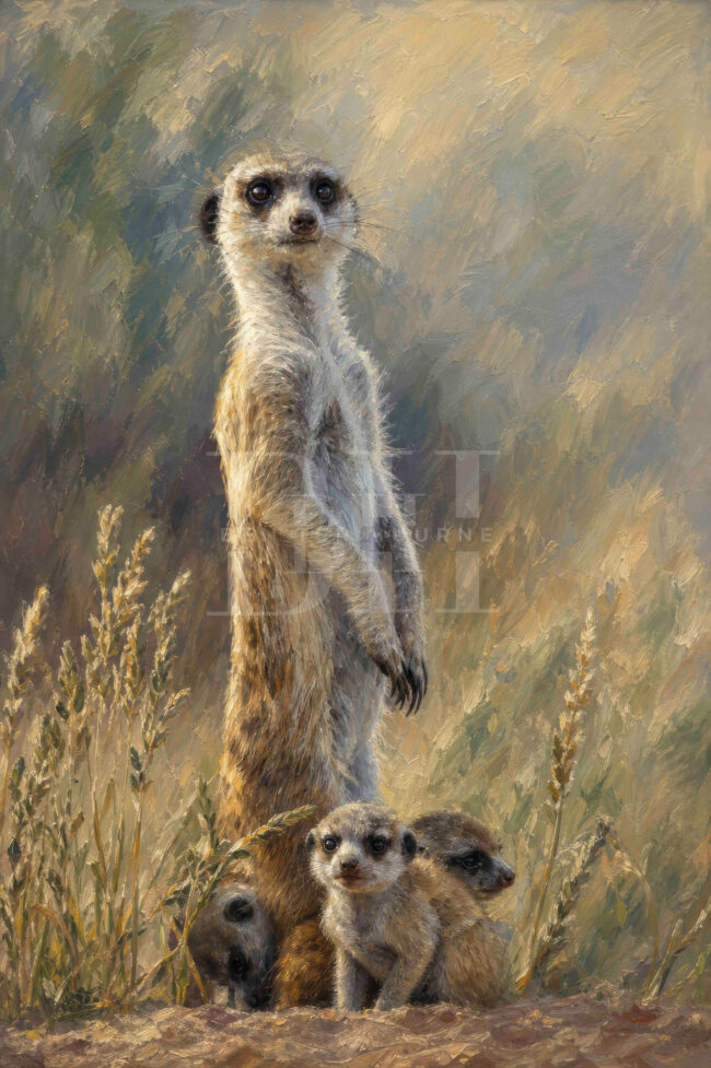 Kgalagadi, mother meercat on the lookout with three babies around her feet.jpg