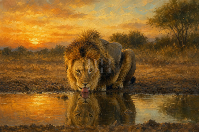 Kglalgadi, big male drinking at waterhole late in the evening original.jpg