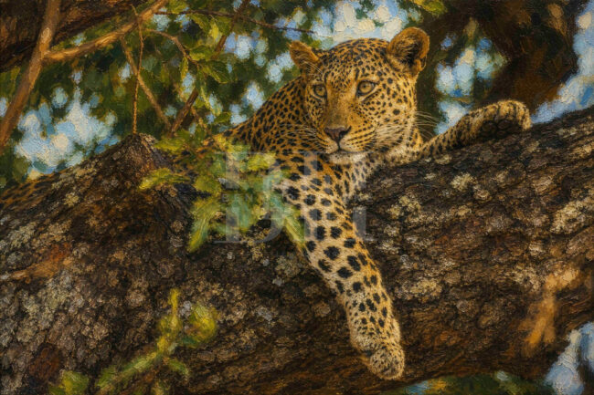 Krugerpark, female leopard in tree on branch watching sidewards with paw haning down.jpg