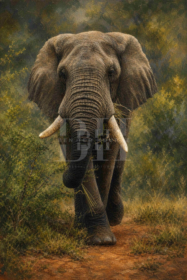 Zululand, big male elephant walking straight forward with grass in mouth.jpg