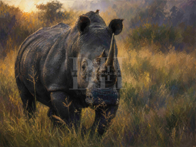 Zululand, big white rhino with oxspecker on back walking straight close up.jpg