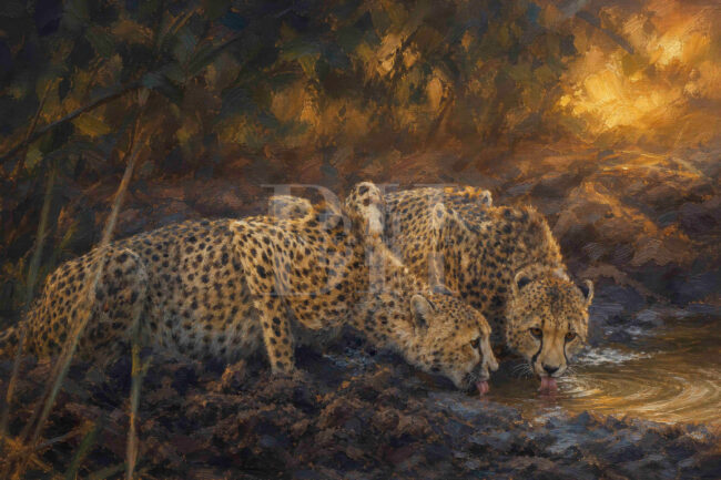 Zululand, two cheetah drinking at small water pool in early rising sun.jpg